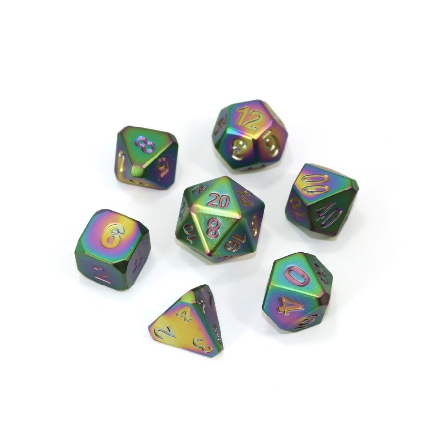 SCORCHED METAL 7CT POLY DICE SET - RAINBOW SATIN