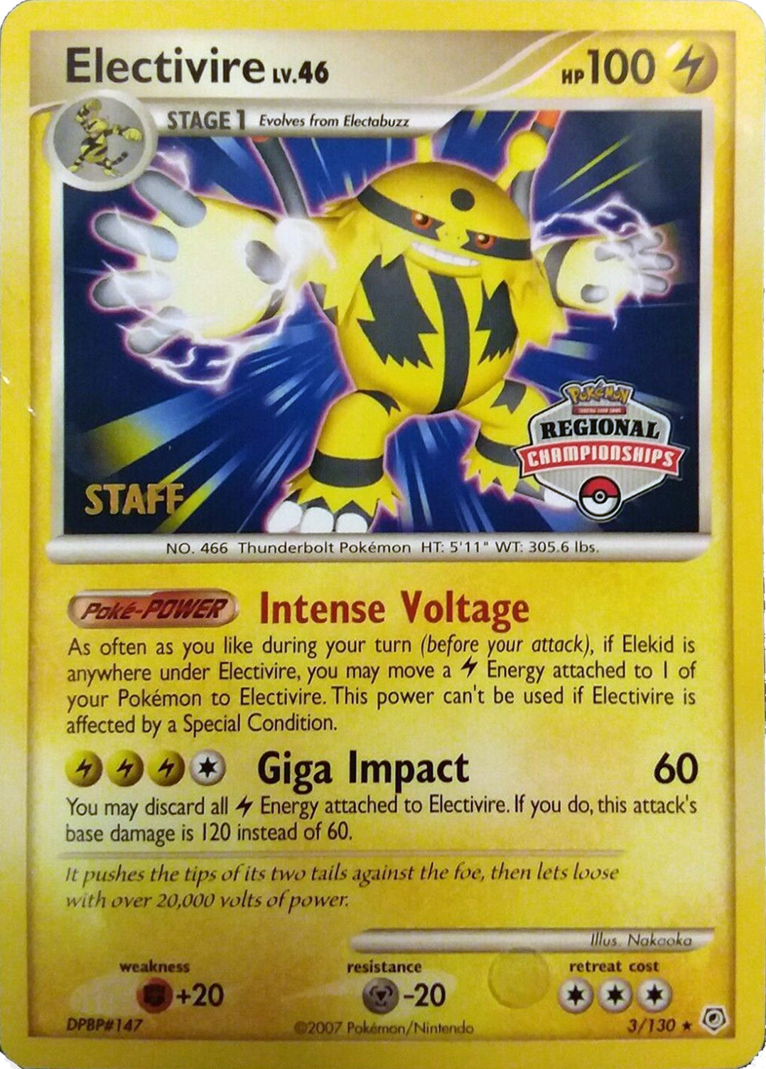 Electivire (003/130) (2008 Staff Regional Championships) [League & Championship Cards] | Amazing Games TCG