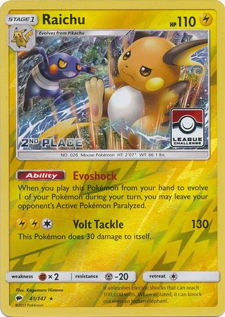 Raichu (41/147) (League Promo 2nd Place) [Sun & Moon: Burning Shadows] | Amazing Games TCG