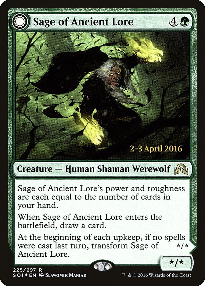 Sage of Ancient Lore // Werewolf of Ancient Hunger [Shadows over Innistrad Prerelease Promos] | Amazing Games TCG