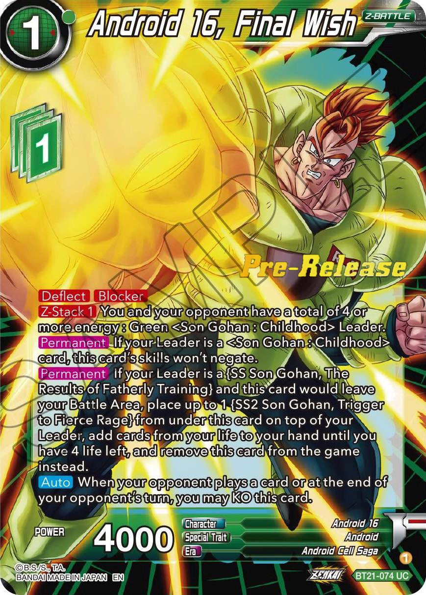 Android 16, Final Wish (BT21-074) [Wild Resurgence Pre-Release Cards] | Amazing Games TCG