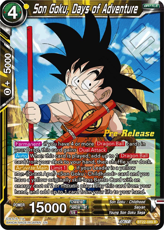 Son Goku, Days of Adventure (BT22-089) [Critical Blow Prerelease Promos] | Amazing Games TCG
