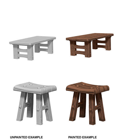 WizKids Deep Cuts Unpainted Miniatures: Wooden Table & Stools | Amazing Games TCG