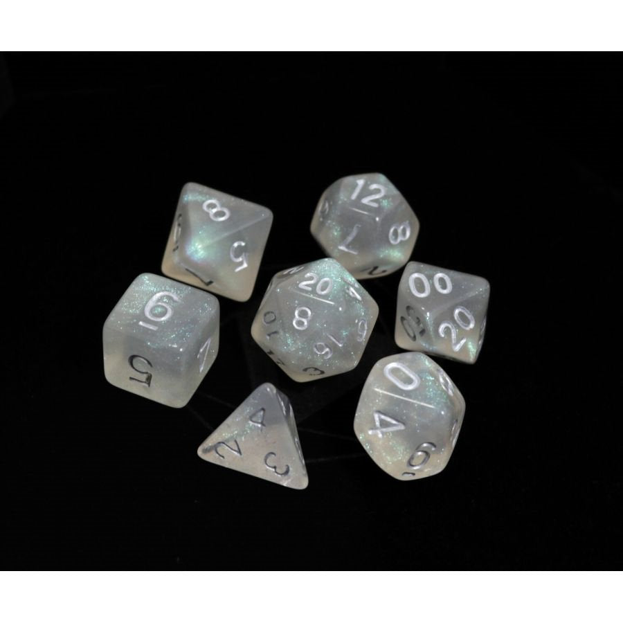 7CT GLACIAL MOONSTONE WITH SILVER POLY DICE SET