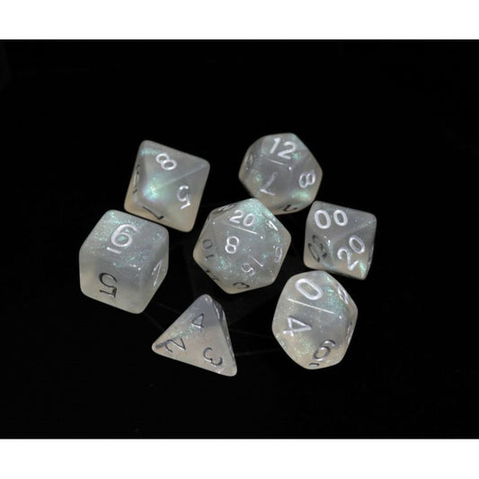 7CT GLACIAL MOONSTONE WITH SILVER POLY DICE SET